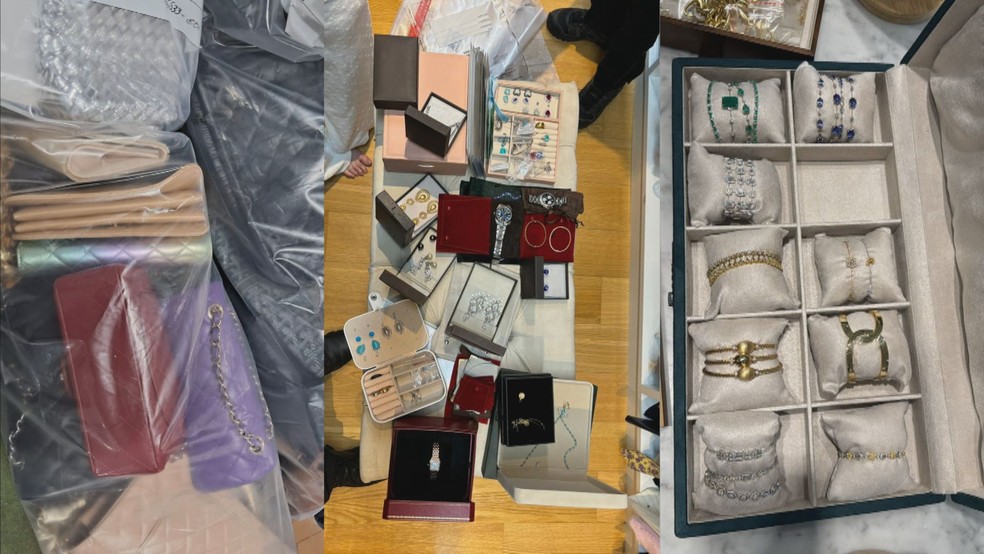 Algumas das bolsas e joias apreendidas no apartamento de Samira Bacha — Foto: Reprodução/TV Globo