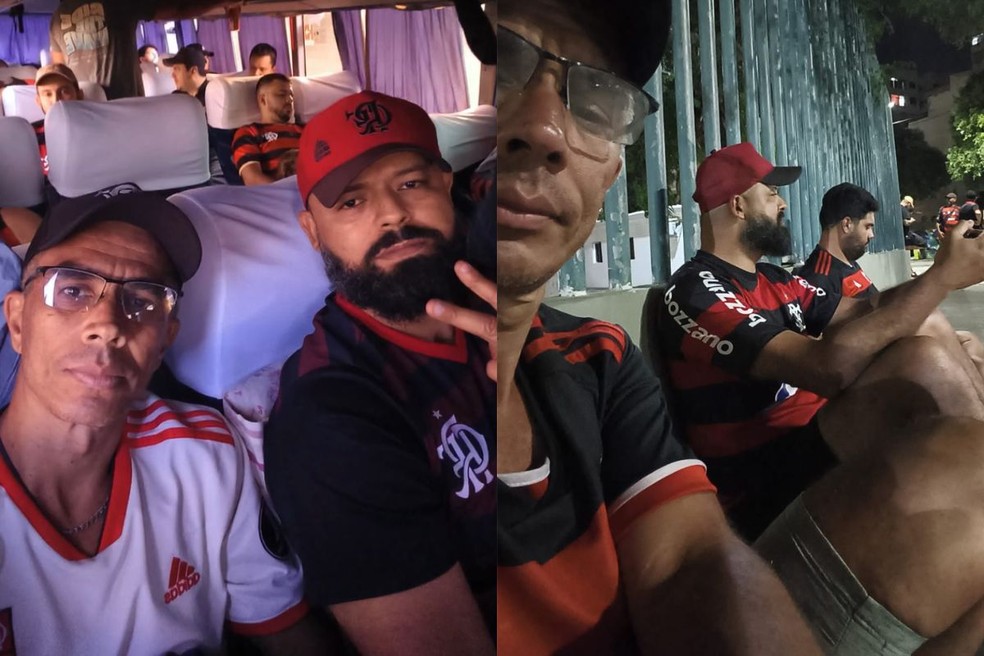 A esquerda a foto Valdir dentro do ônibus a caminho do Rio de Janeiro. Na foto a direita eles na frente do estádio, barrados do jogo — Foto: Arquivo pessoal