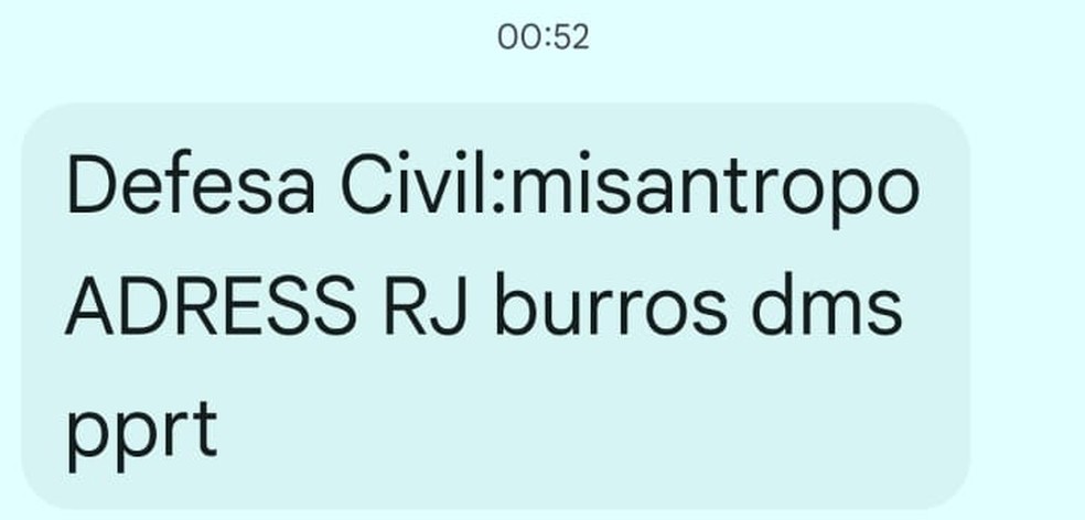 Print mostra mensagem de texto atribuída à Defesa Civil recebida por morador do Rio de Janeiro na madrugada deste sábado (20). — Foto: Reprodução