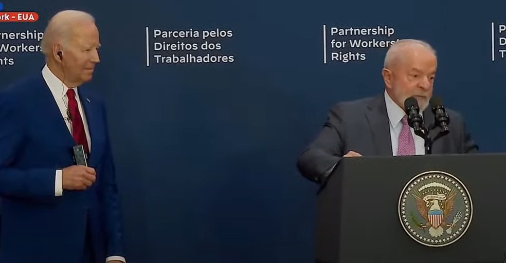 Joe Biden e Lula durante pronunciamento à imprensa nos Estados Unidos — Foto: Reprodução/Canal Gov