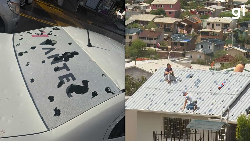 Granizo deixou carros e telhados destruídos em Erechim neste domingo (23) — Foto: Reprodução/RBS TV