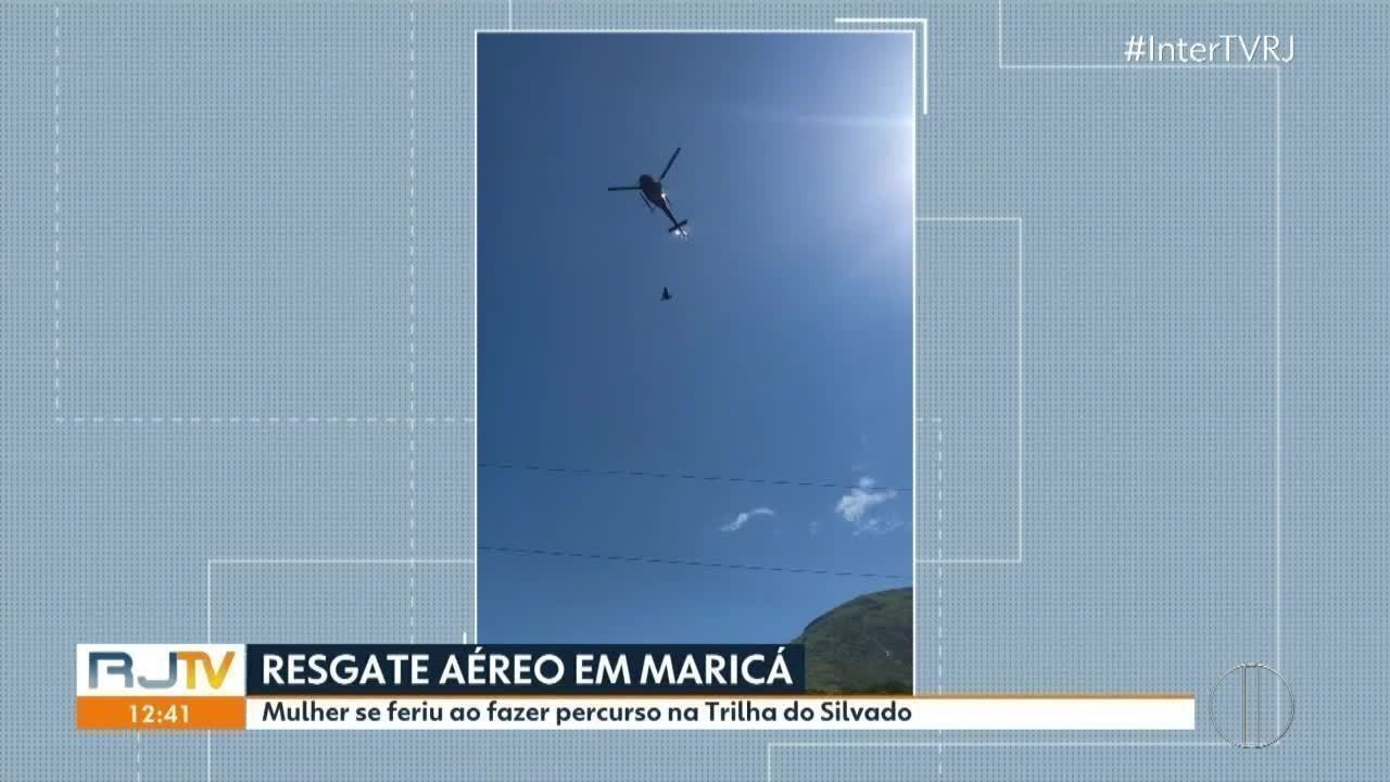 Mulher é resgatada de helicóptero após sofrer fratura em trilha de Maricá