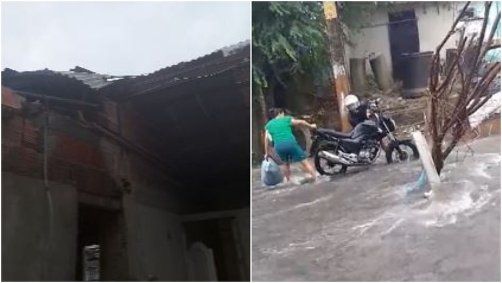 Casa teve telhado por ventania e moto ficou presa em rua alagada durante chuva em Fortaleza. — Foto: Reprodução