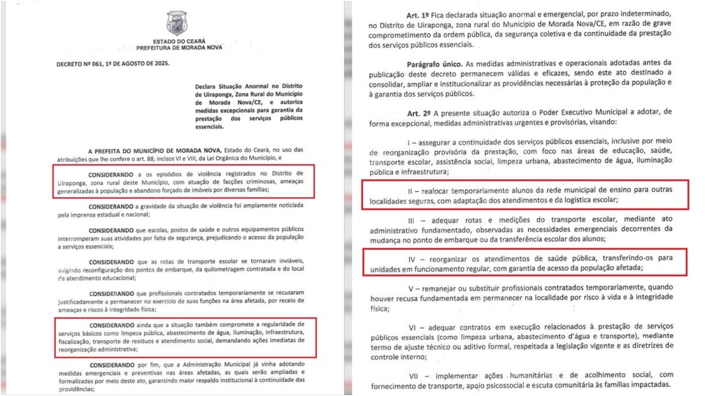 Prefeitura de Morada Nova publicou um decreto no dia 1º de agosto, reconhecendo 'situação anormal e emergencial' no distrito, por conta da violência. — Foto: Prefeitura de Morada Nova/Arquivo pessoal
