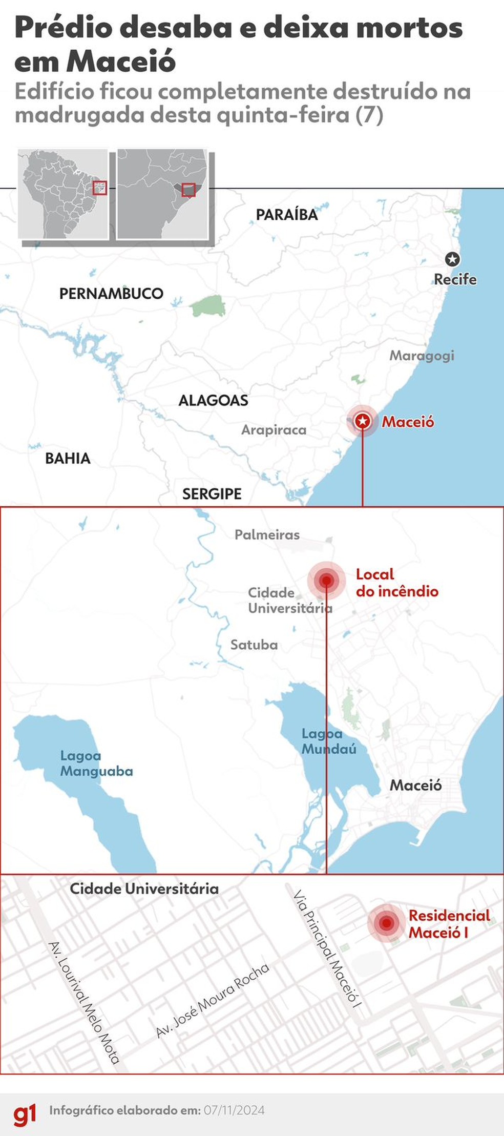 Mapa mostra local onde aconteceu explosão que destruiu prédio em Maceió — Foto: g1
