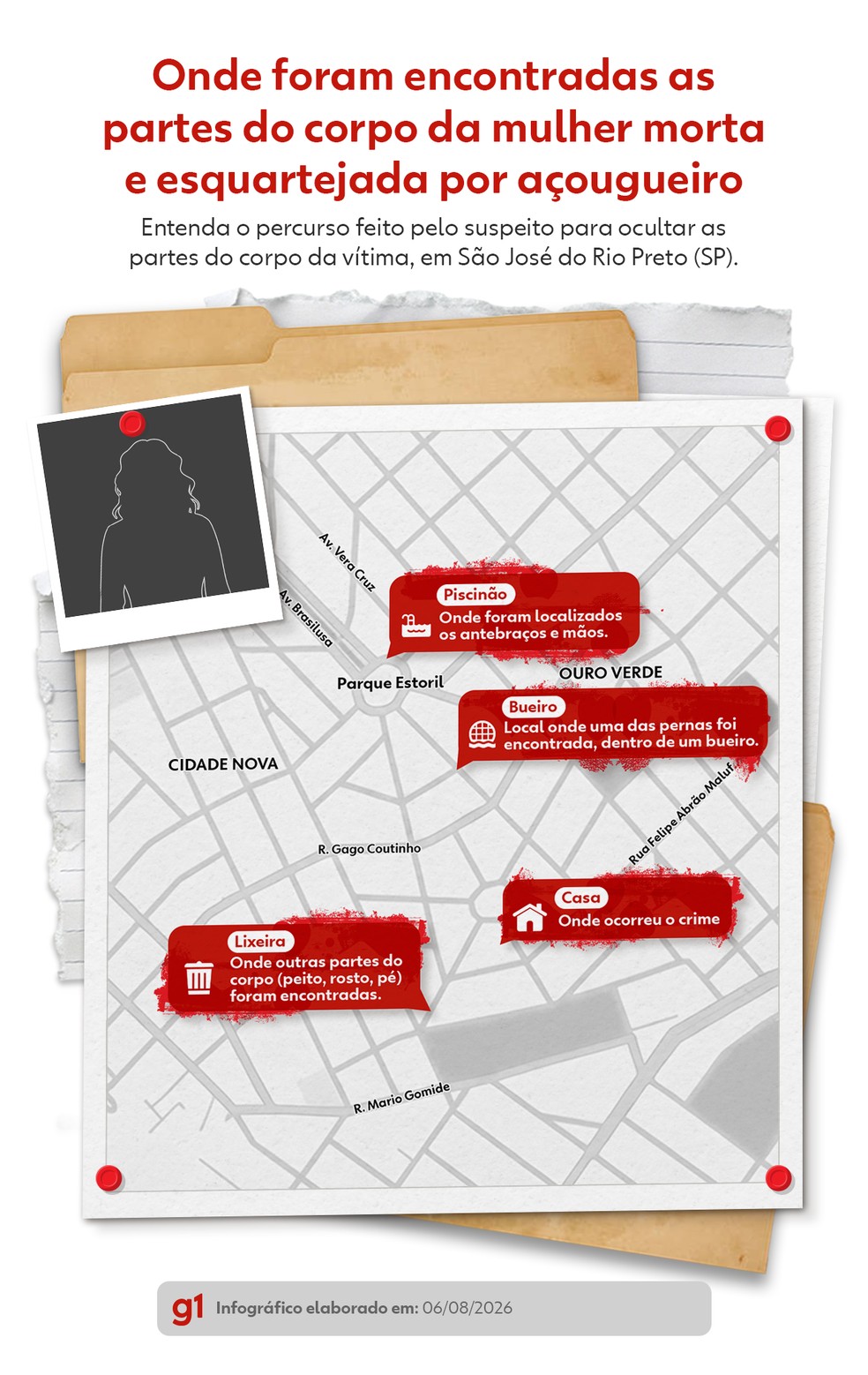Mapa revela locais onde partes do corpo da mulher esquartejada foram localizadas em São José do Rio Preto (SP) — Foto: Arte/ g1