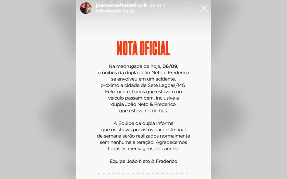 Nota divulgada pela equipe de João Neto e Frederico após acidente em MG  — Foto: Reprodução/Redes Sociais