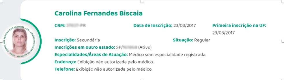 Registro da profissional no Conselho Federal de Medicina — Foto: CRM
