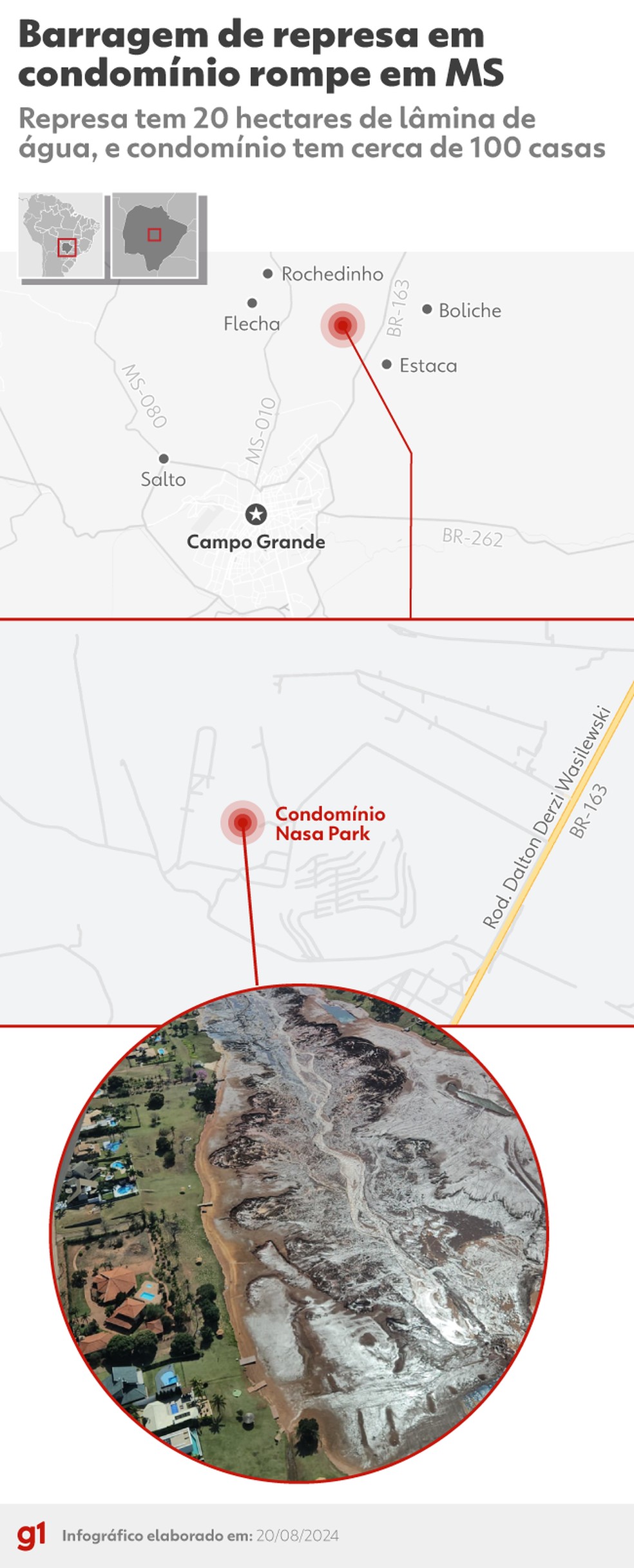 Mapa mostra área de barragem rompida em Campo Grande. — Foto: g1