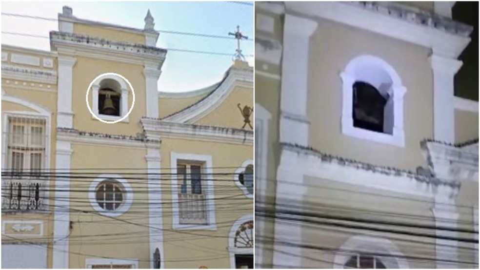 Igreja de São Bernardo, localizada no cruzamento das ruas Senador Pompeu com Pedro Pereira, no Centro de Fortaleza, teve o sino da torre furtado na madrugada desta quinta-feira (26). — Foto: Google Maps/ Reprodução