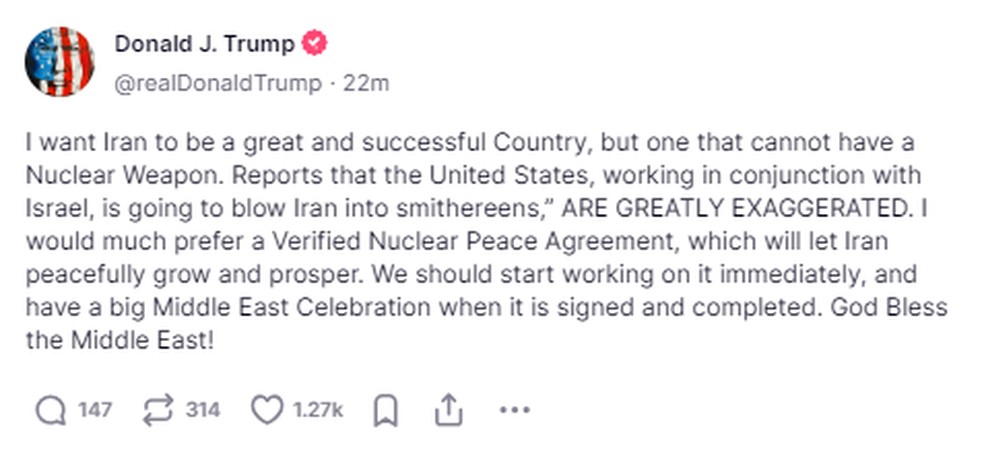 Post de Donald Trump sobre o Irã — Foto: Truth Social / Reprodução