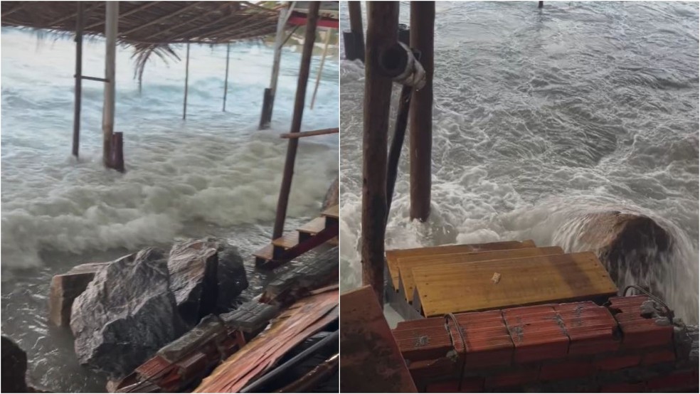 Efeitos da ressaca do mar em barracas de praia em Lagoinha, no Ceará — Foto: Reprodução