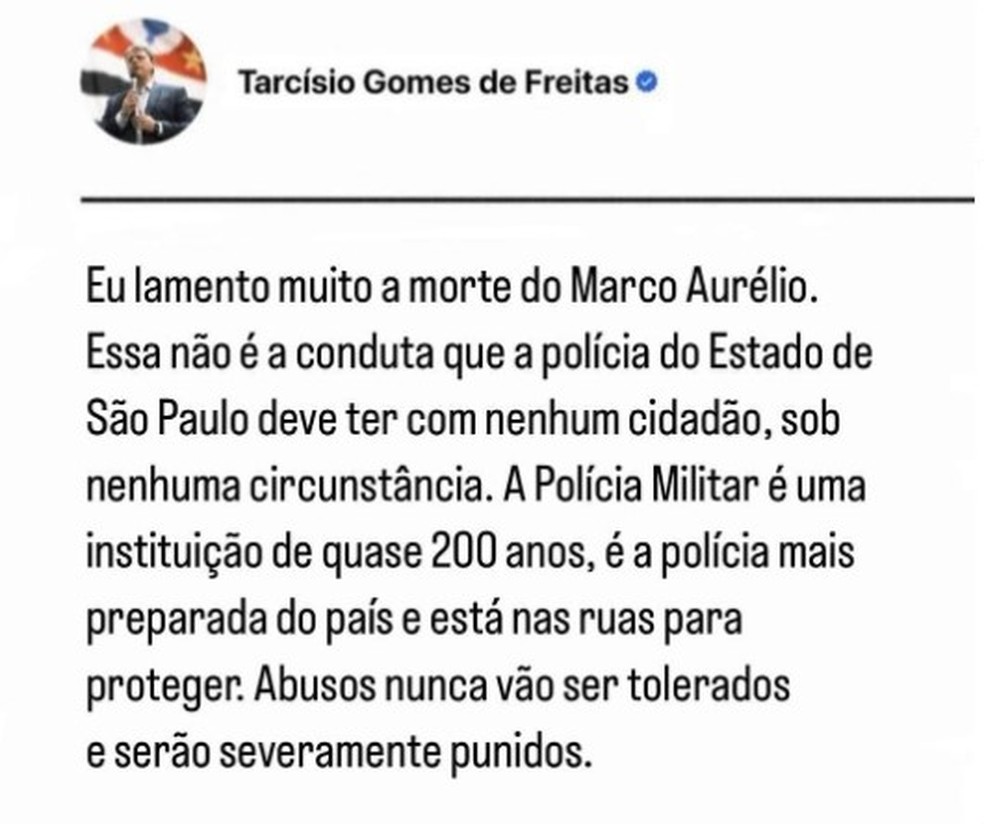 Post do governador Tarcísio de Freitas sobre morte de estudante de medicina — Foto: Reprodução/Instagram