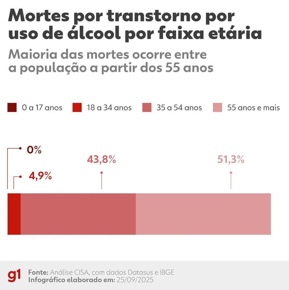 Mortes por transtorno por uso de álcool por faixa etária — Foto: arte g1