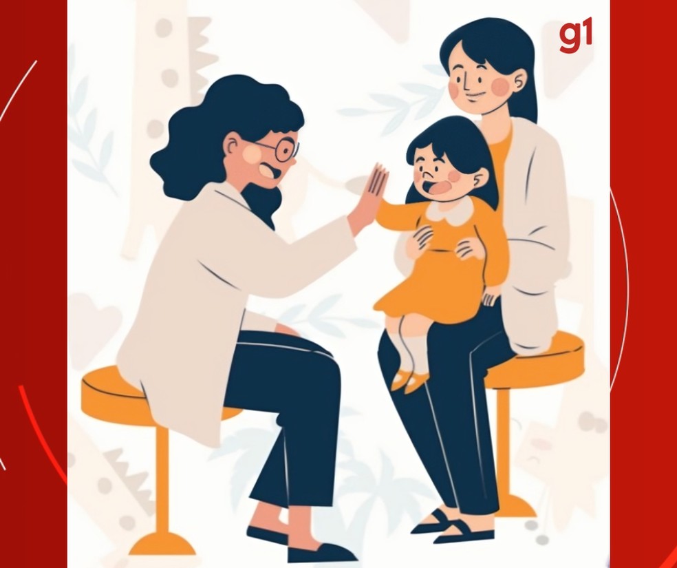 Desenho que ilustra uma criança no colo da mãe durante um atendimento com um profissional de acolhimento — Foto: Polícia Civil de Mato Grosso