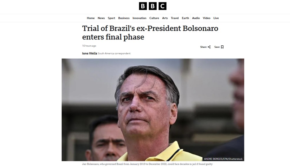 Reportagem do jornal 'BBC', do Reino Unido, sobre o início do julgamento de Bolsonaro. — Foto: Reprodução