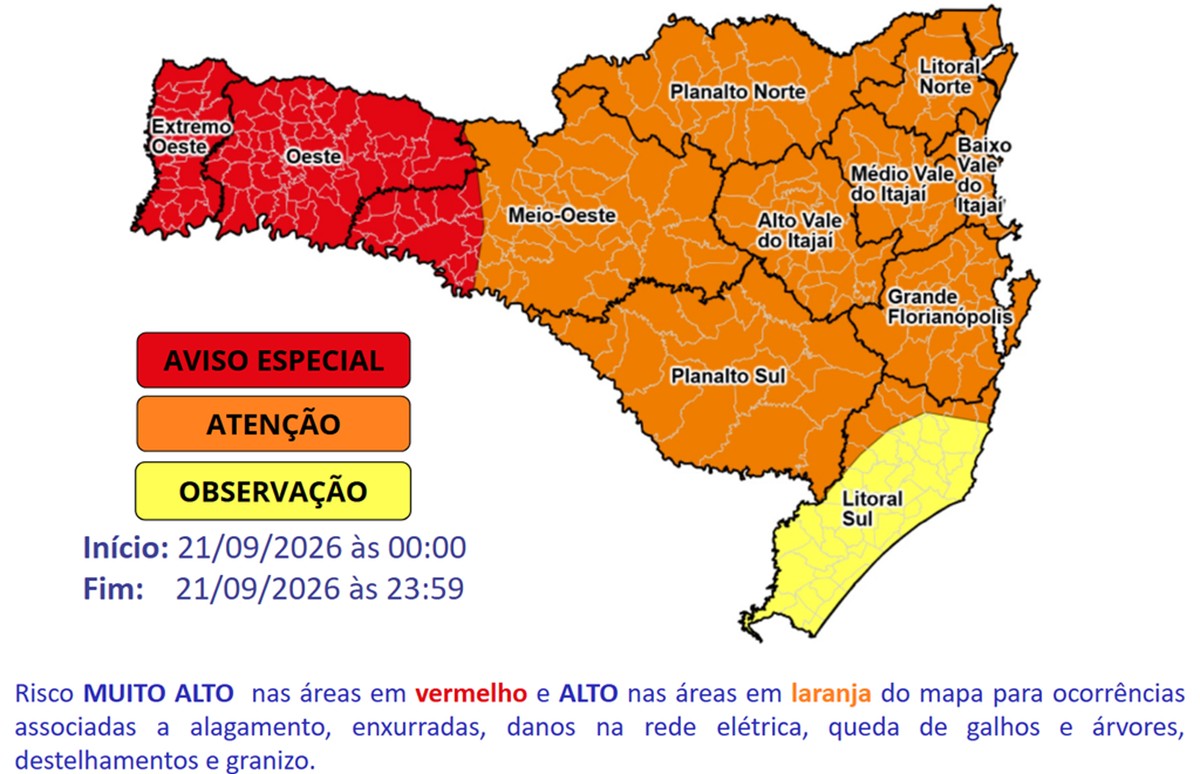 Último dia do inverno terá chuva volumosa e risco de enxurradas e granizo em SC, alerta Defesa Civil