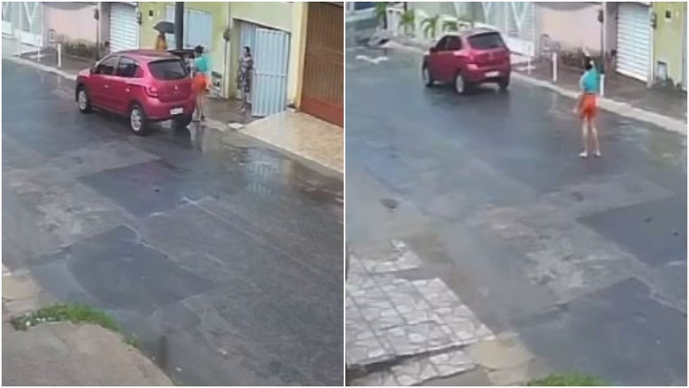 Mulher colocou menino do banco traseiro e fechou a porta antes de embarcar no carro de aplicativo na Vila Manoel Sátiro, em Fortaleza. — Foto: Reprodução