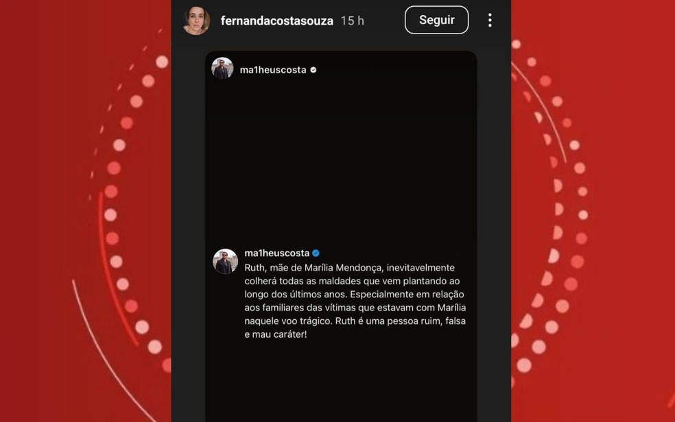 A viúva de Henrique Bahia, Fernanda Costa, compartilhou uma publicação do compadre Matheus Costa — Foto: Reprodução/Redes Sociais