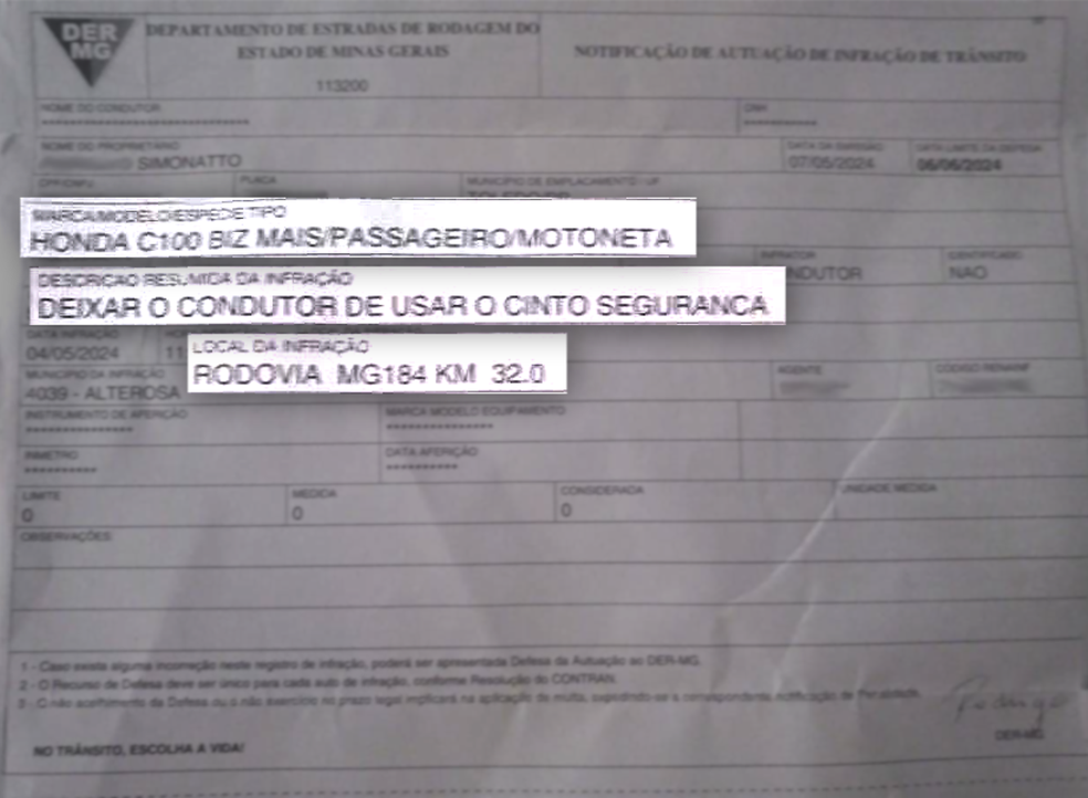Motociclista do Paraná ganha multa por não usar cinto de segurança em cidade que nunca visitou — Foto: Arquivo Pessoal