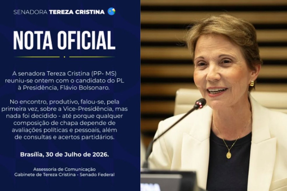 Tereza Cristina admite pela 1ª vez possibilidade de ser vice de Flávio Bolsonaro. — Foto: Redes sociais/Reprodução