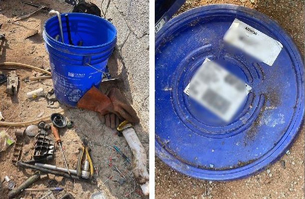 Um dos cinco galões com material radioativo furtado foi encontrado aberto e com a tampa próxima num terreno baldio, segundo a Polícia — Foto: William Santos/TV Globo