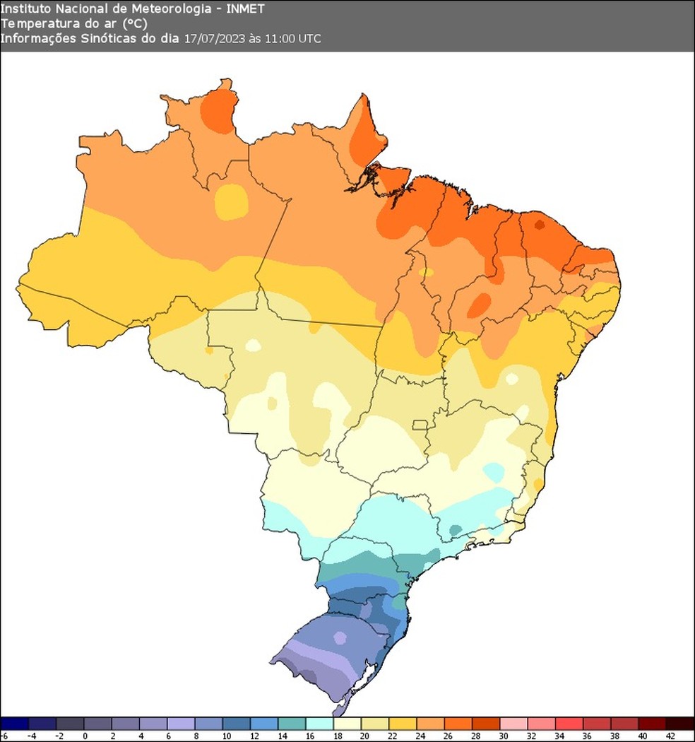 Escala de temperatura no Brasil feita pelo Inmet vai até -6°C — Foto: Reprodução