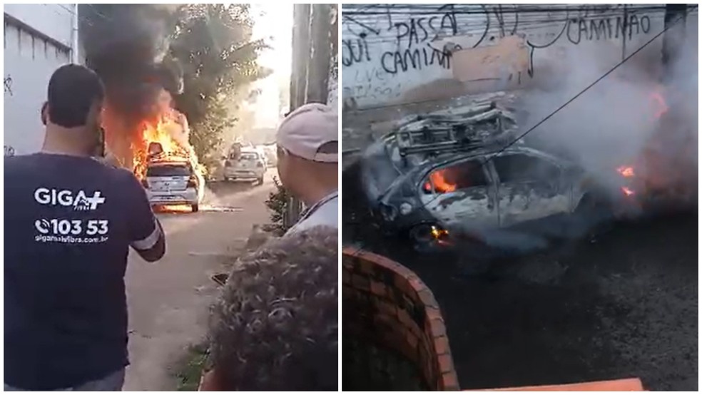 Carro de provedora de internet queimado na tarde desta quinta-feira (20) em Fortaleza — Foto: Reprodução