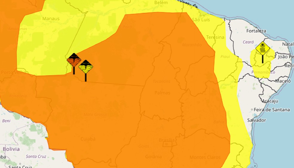 Alertas de níveis laranja e amarelo representa um perigo potencial de temporais — Foto: INMET/Reprodução
