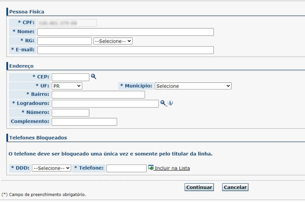 Site do Cadastro para Bloqueio do Recebimento de Ligações de Telemarketing — Foto: Reprodução