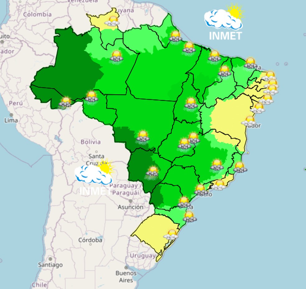 Previsão de chuva nesta quinta em todo o país. — Foto: Inmet/Reprodução