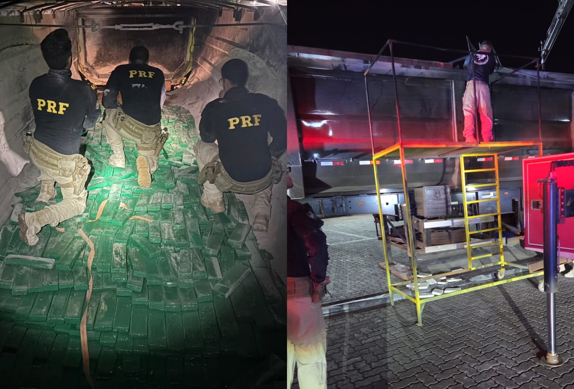 Fundo falso e carga de calcário escondiam 3,5 toneladas de drogas em caminhões