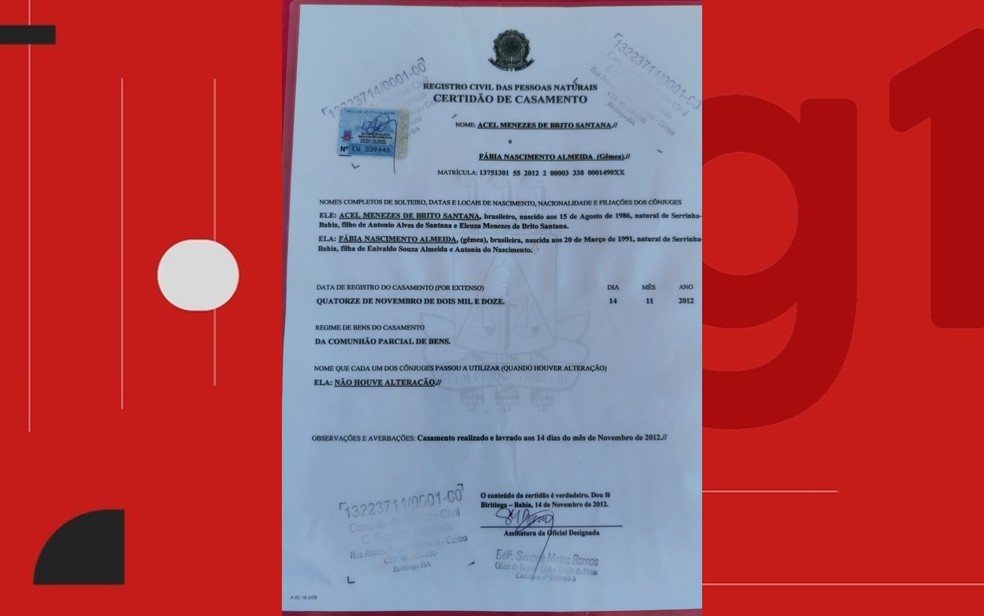 Certidão de casamento impressa de Acel e Fábia está correta — Foto: Arquivo pessoal