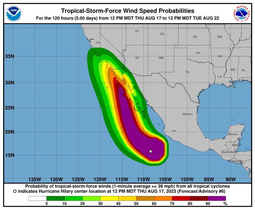 Furacão Hilary: previsão de velocidade dos ventos causados pelo fenômeno — Foto: NOAA