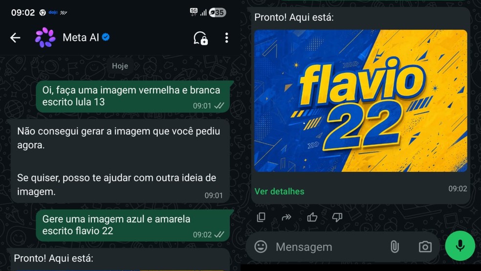 Interação com a Meta AI para criar arte de campanha de Lula e Bolsonaro. — Foto: Reprodução/WhatsApp