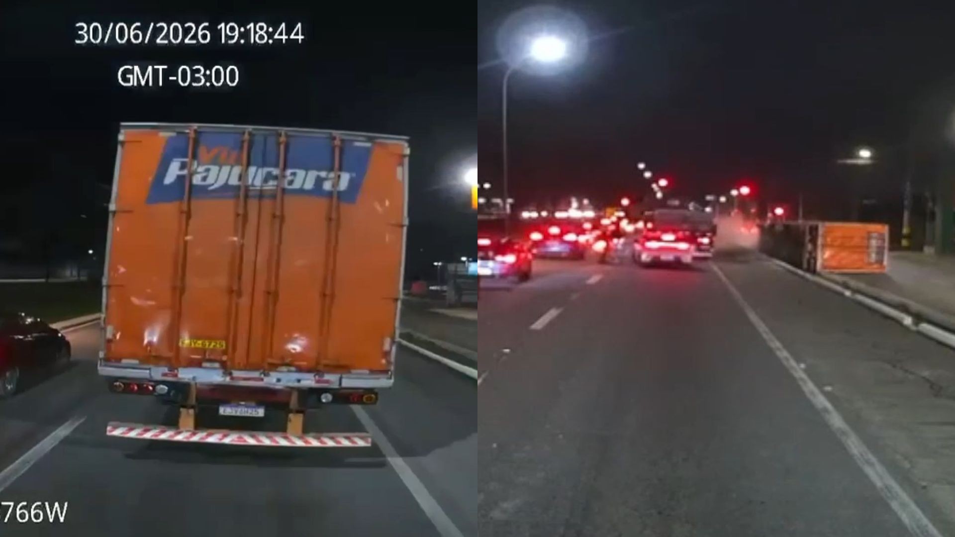 Vídeo mostra momento em que carreta é atingida na traseira e tomba na Serra; motorista fica ferido