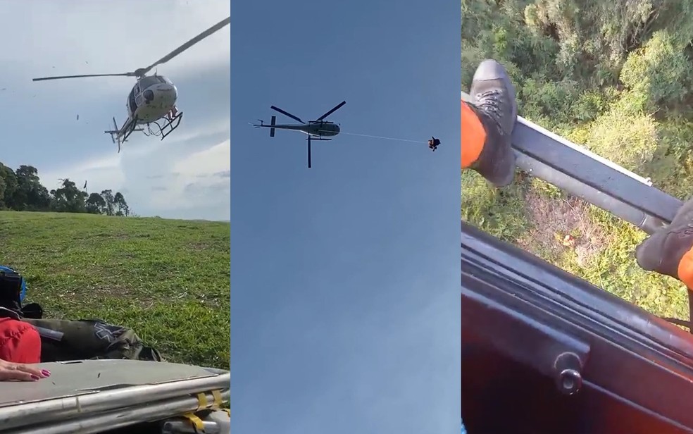 Homem cai de paraglider e é resgatado de helicóptero no Pico do Piripau, em Cambuquira, MG — Foto: Corpo de Bombeiros