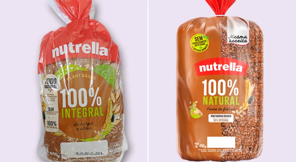 Pão da marca Nutrella mudou rótulo conforme novas regras da Anvisa — Foto: Idec/Nutrella/Divulgação