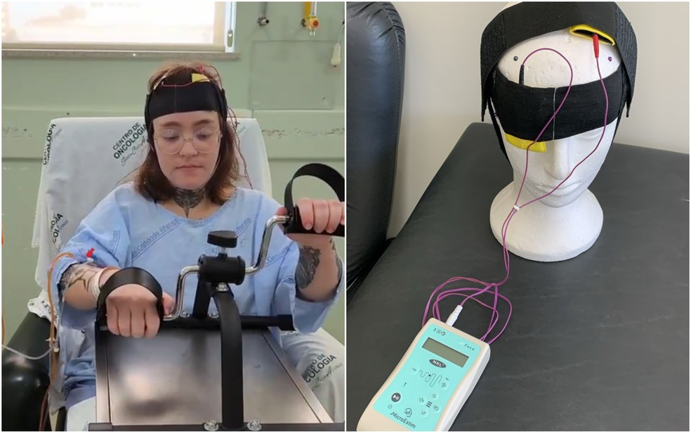 A neuromodulação feita por Carolina Arruda gera um estímulo transcraniano por corrente contínua (tDCS) — Foto: Arquivo pessoal/Marcelo Lourenço