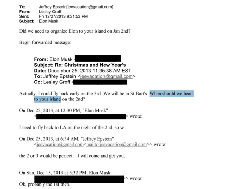 Correspondência entre Jeffrey Epstin e Elon Musk revelada pelo Departamento de Justiça dos EUA — Foto: Departamento de Justiça dos EUA/Reprodução