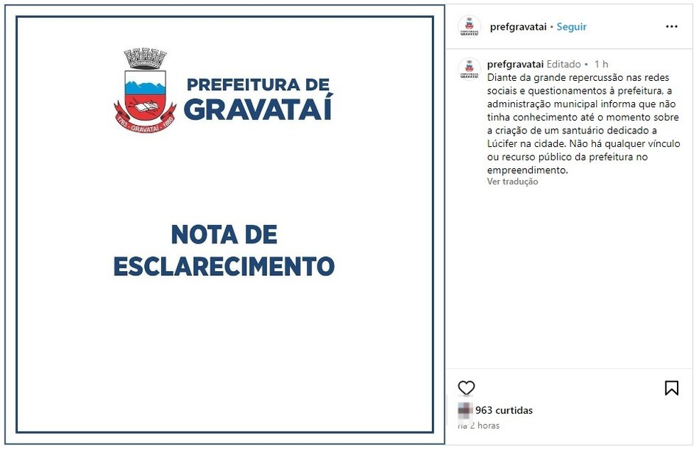 Nota da Prefeitura de Gravataí sobre santuário dedicado a Lúcifer — Foto: Reprodução/Instagram