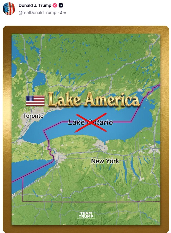 Trump sugere trocar nome do Lago Ontário para 'Lago América' em meio a disputa com Canadá