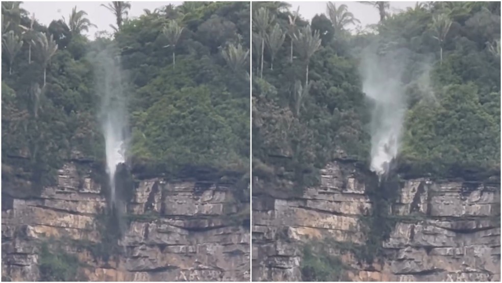 Cachoeira reversa faz água subir no parque de Ubajara, no interior do Ceará — Foto: Júnior Aguiar/Arquivo pessoal