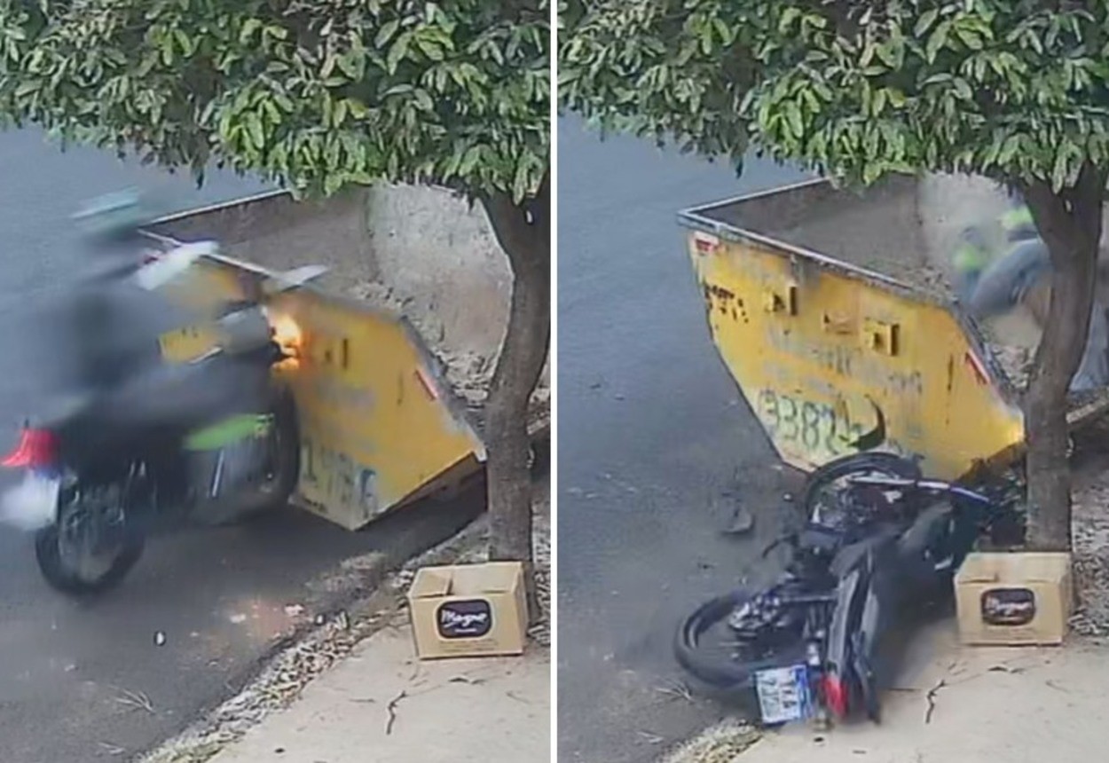 VÍDEO: Motociclista é arremessado dentro de caçamba após colisão no interior de SP