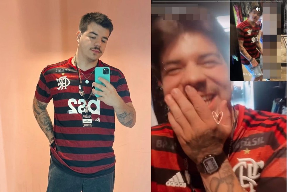 A esquerda a foto do jovem com a blusa do time do coração e a direita a foto compartilhada pela amiga horas antes do acidente que tirou a vida do estudante — Foto: Redes sociais