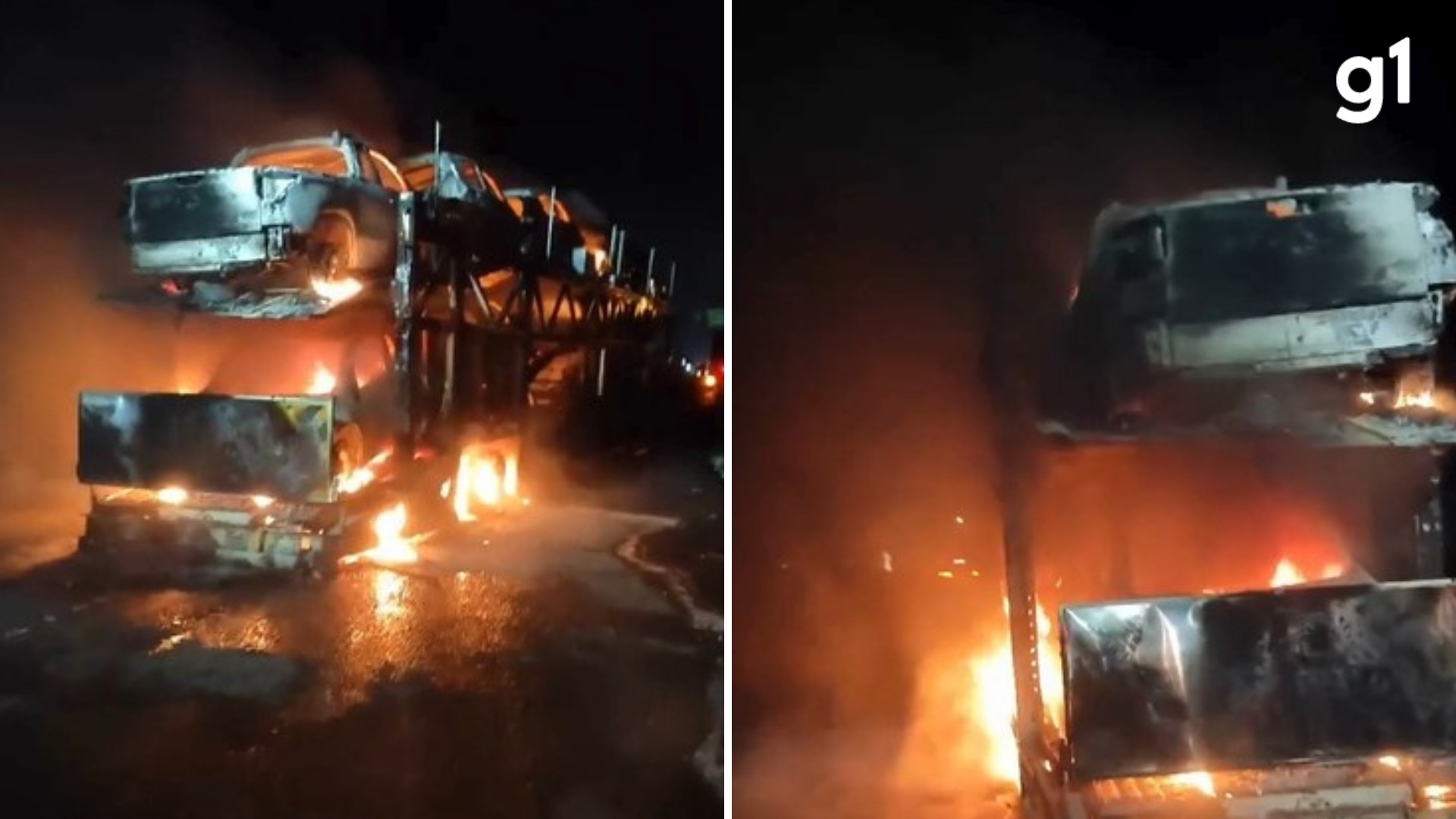 VÍDEO: caminhão-cegonha pega fogo e 11 carros são destruídos na BR-101, em Terra de Areia