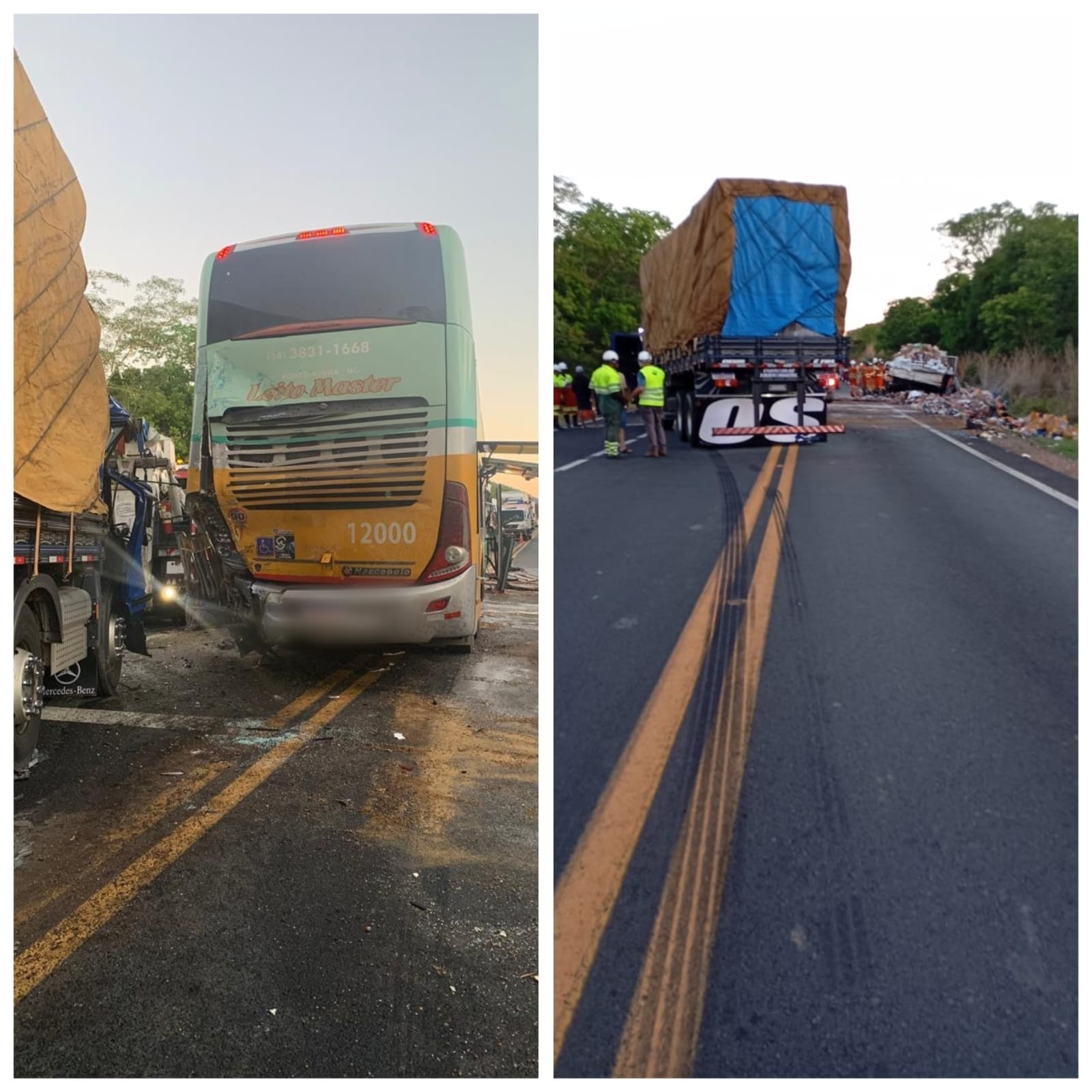 Engavetamento entre ônibus e dois caminhões deixa uma pessoa morta e cinco feridas na BR-135