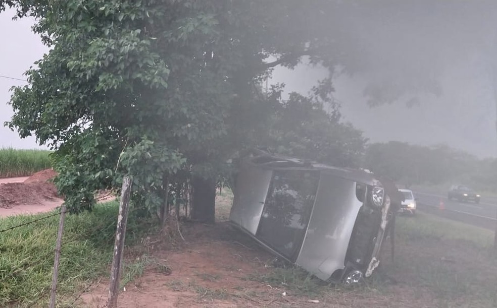 Carro bate contra árvore na Rodovia Comandante João Ribeiro de Barros, em Junqueirópolis (SP) — Foto: Polícia Rodoviária