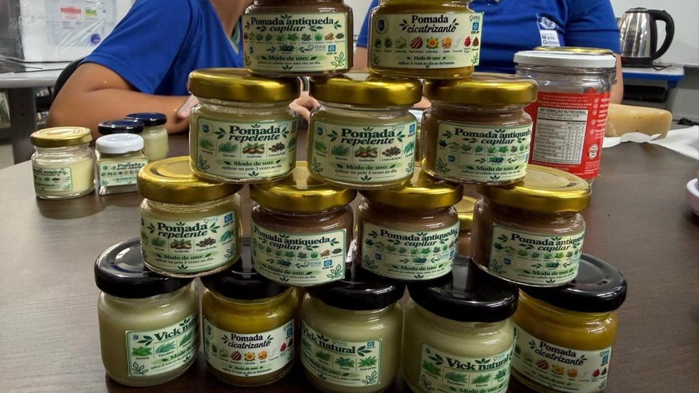 Projeto produz seis tipos de pomadas naturais, incluindo versões para dores musculares, queda capilar e ação repelente. — Foto: Escola Estadual de Campo Heronides Araújo