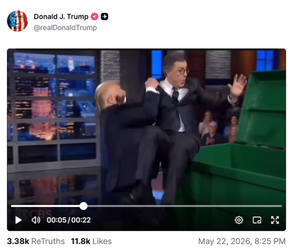 Trump publica vídeo com inteligência artificial após encerramento do programa de Stephen Colbert